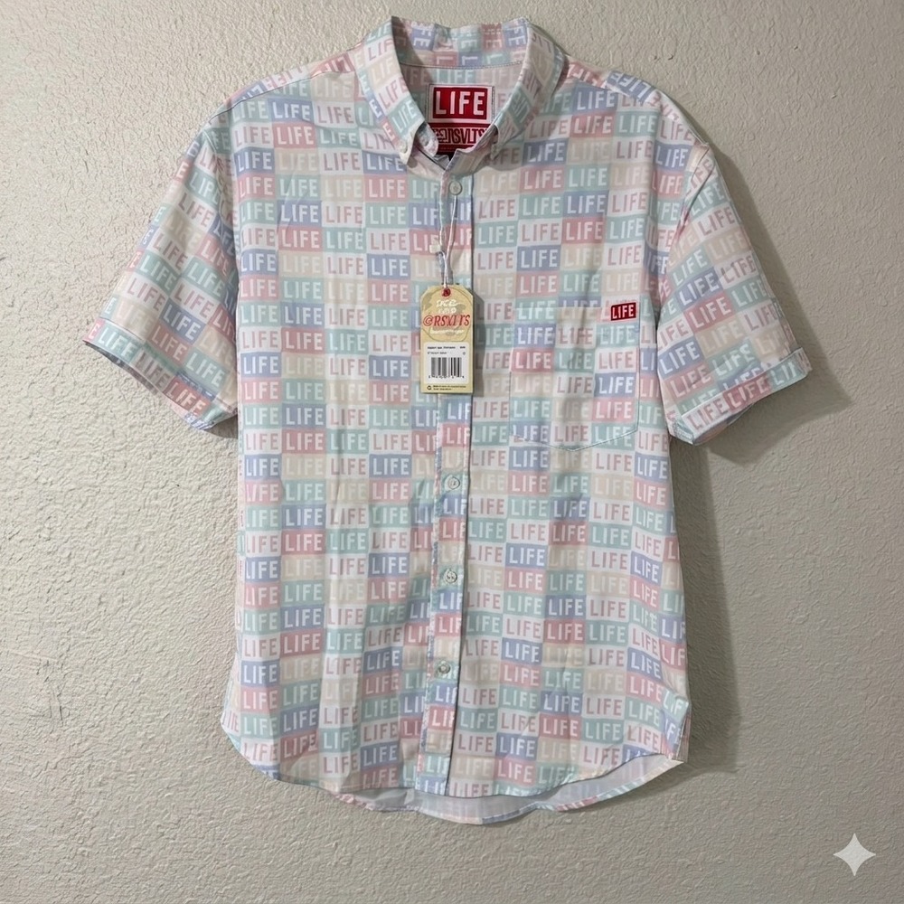 NWT RSVLTS M Mens Life Magazine Life Repeats Pastel Kunuflex Short Sleeve Shirt